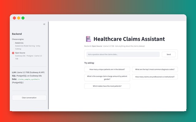 Screenshot of the claims assistant app with a Databricks or open-source backend